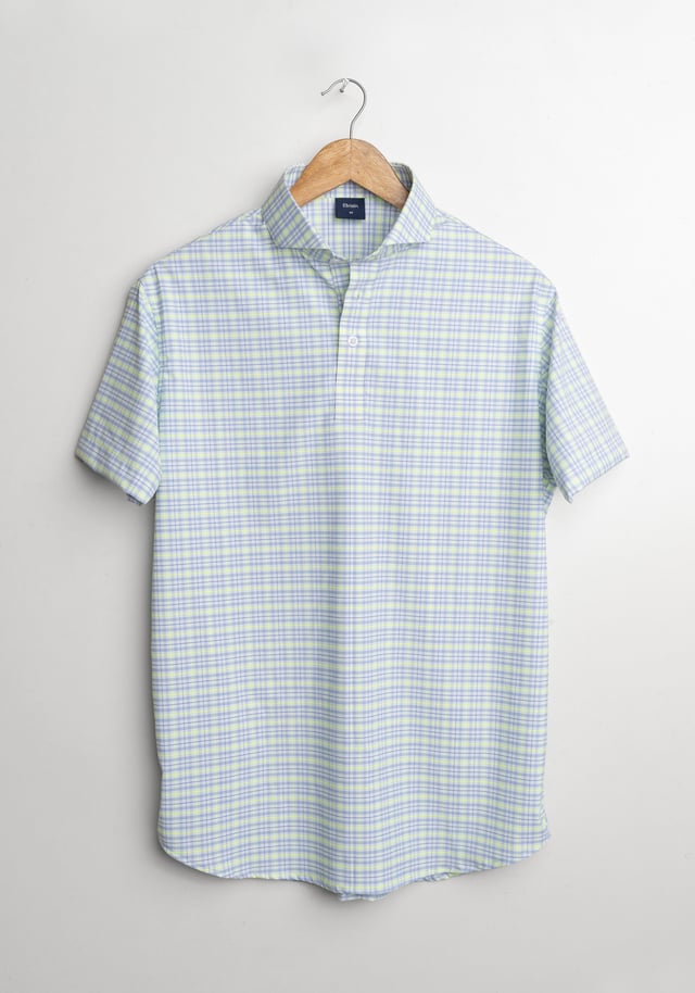 Wrinkle-Free Neon Green & Blue Tartan Performance Stretch Polo Shirt
