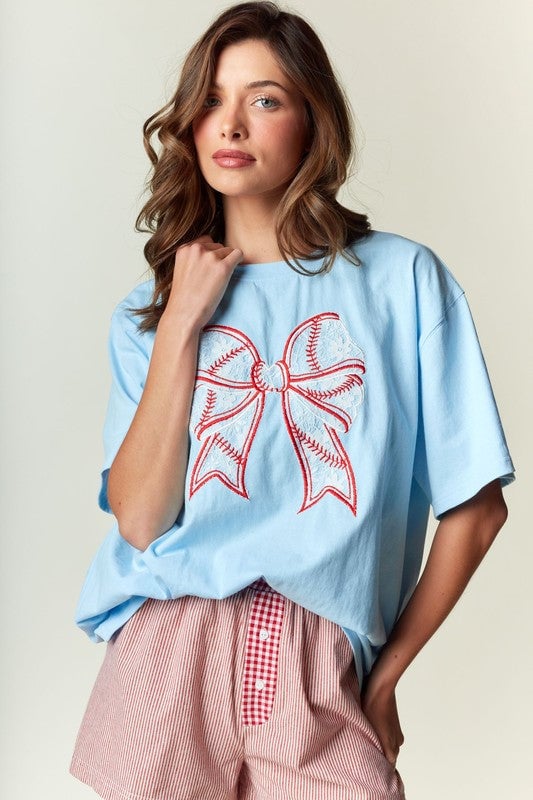 RARERAW OVERSIZED T-Shirt with Lace Baseball Print Bow Applique on Front in Sky Blue