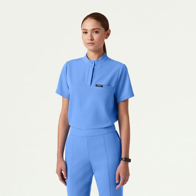 Savi Tuck-In Stand-Collar Scrub Top - Ceil Blue
