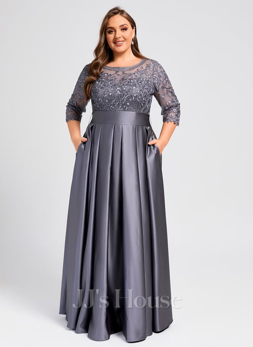 A-line Scoop Illusion Floor-Length Lace Satin Mother of the Bride Dress With Bow Sequins (008291075)