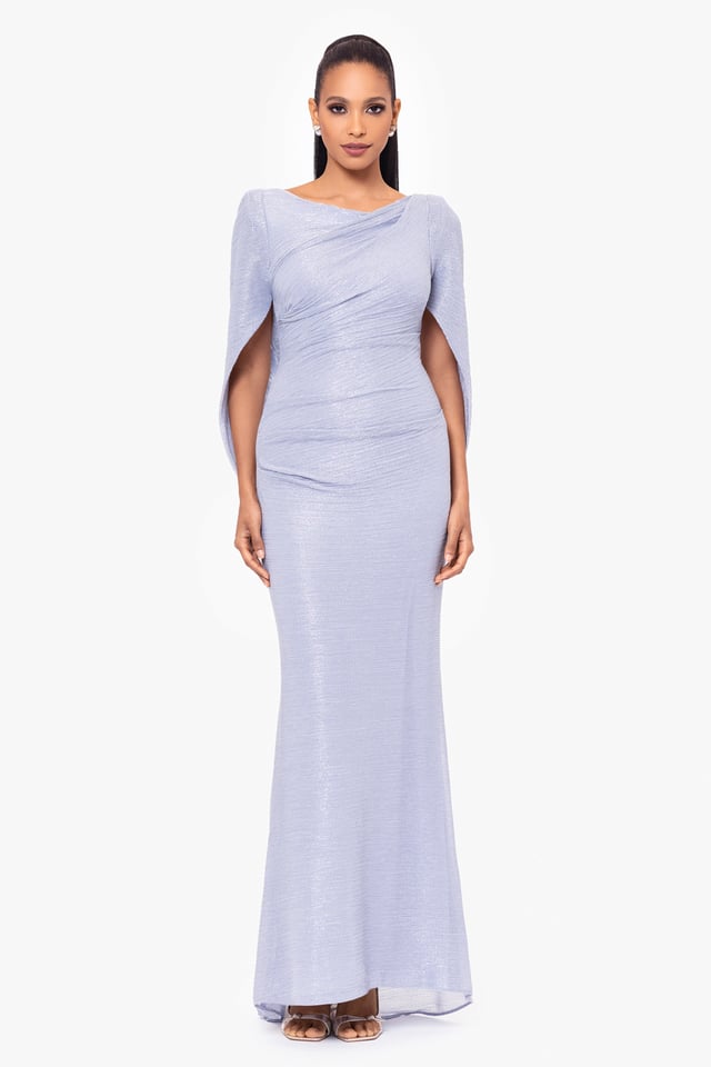 Petite "Elaine" Long Metallic Crinkle Cowl Neck Back Dress