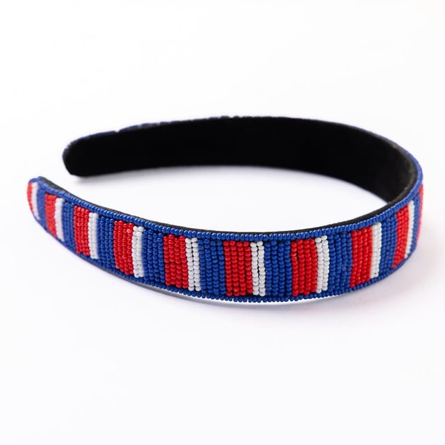 Game Day Striped Beaded Headband Blue + Crimson