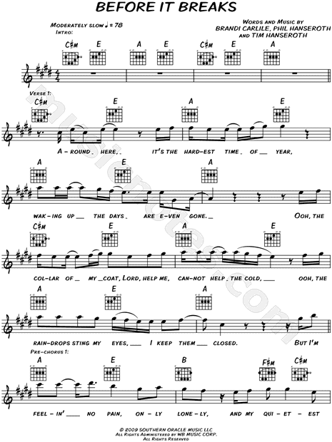 Brandi Carlile "Before It Breaks" Sheet Music (Leadsheet) in C# Minor (transposable) - Download & Print