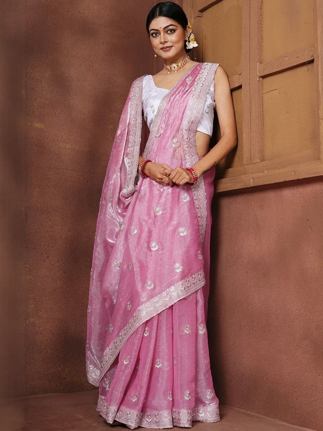 Anouk Women Pink Embellished Tissue Banarasi Saree