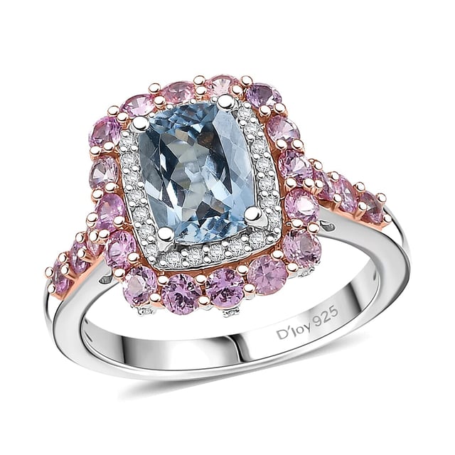 D'Joy Premium Mangoro Aquamarine and Multi Gemstone 2.90 ctw Seaside Blossom Ring in 18K Vermeil RG and Rhodium Over Sterling Silver (Size 5.0)