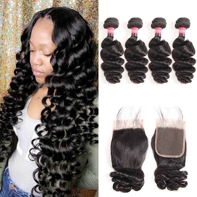 Brazilian Loose Wave Hair 4 Bundles with Closure Virgin Human Hair