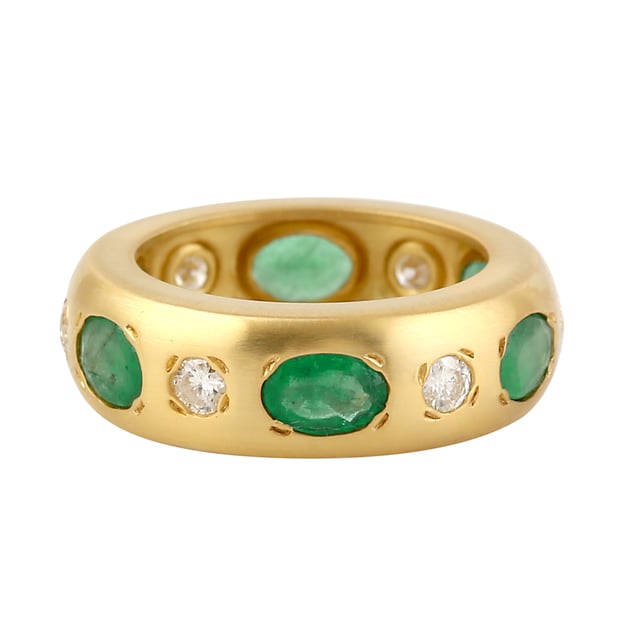 18K Yellow Gold With Oval Emerald & Diamond Band Ring by Artisan