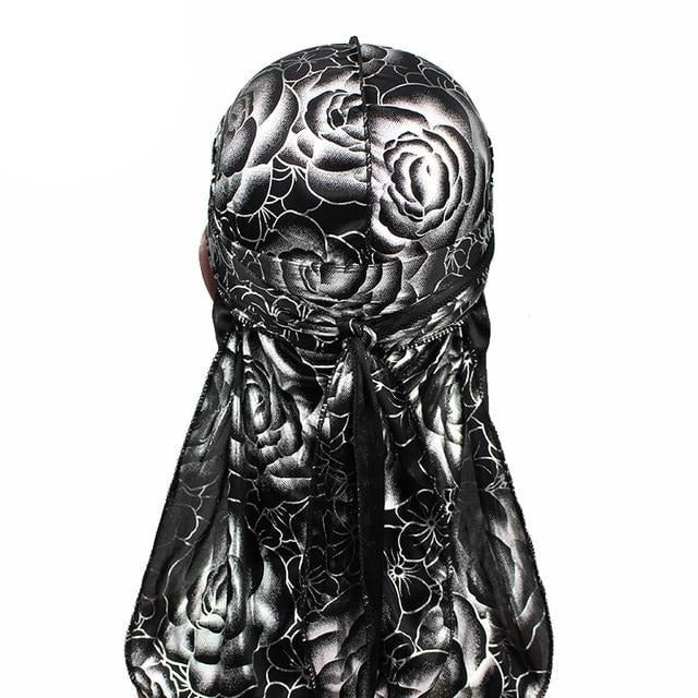 Black Silver Rose Print Silky Durag