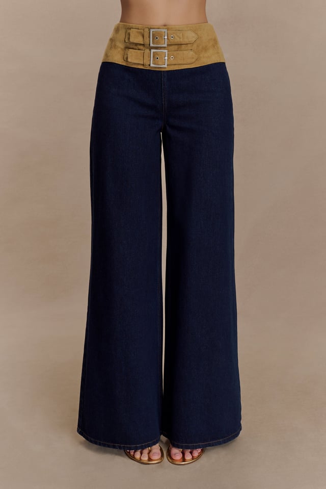 Miranda Faux Suede Belted Denim Wide Leg Pants - Indigo Blue
