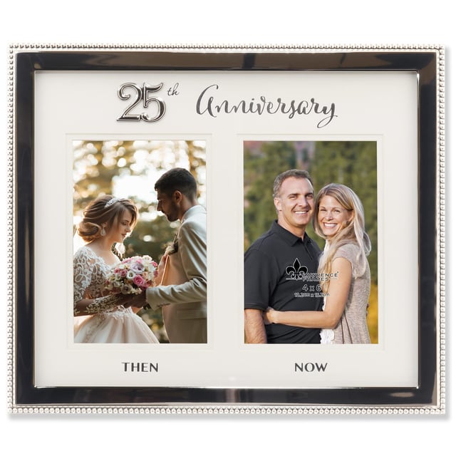 Lawrence Frames 4x6 Double Silver Beaded Metal 25th Anniversary Picture Frame, Then and Now