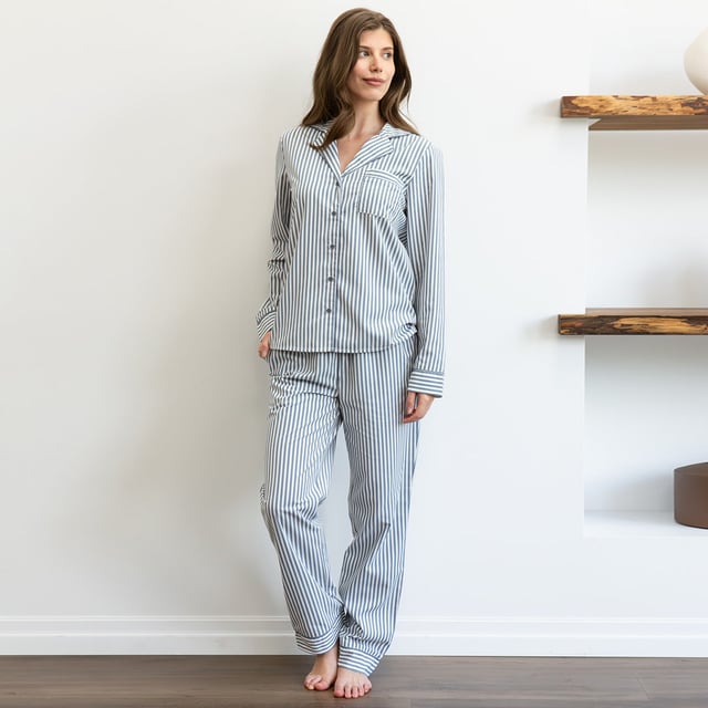 Blue Striped Poplin Women's PJ Set