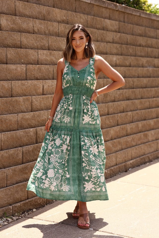 Meadow Green Floral Button Front Midi Dress