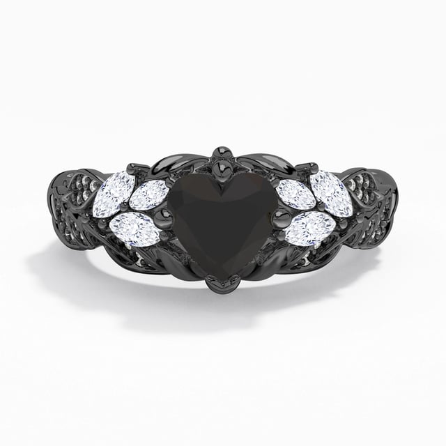 Black Heart Engagement Ring 925 Sterling Silver Pavé Unique Blossom Leaf Traditional Shank Women