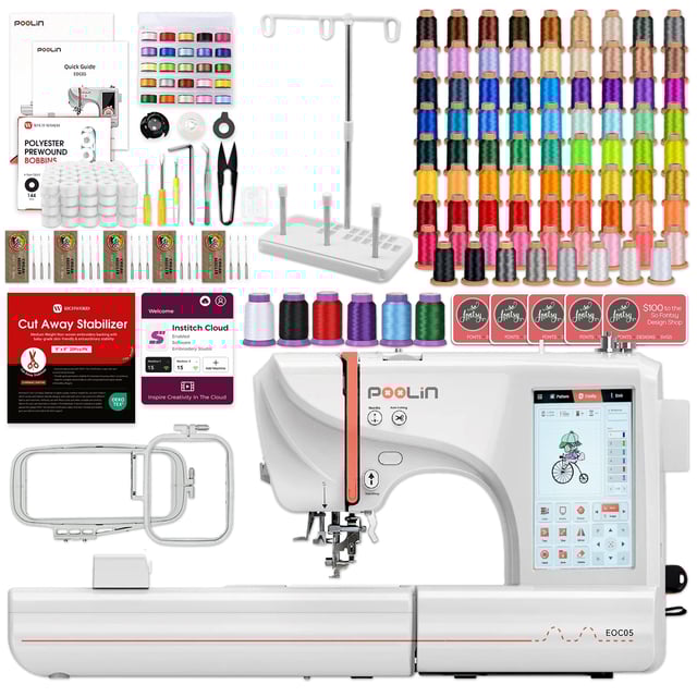 POOLIN EOC05 4in x 9.2in Embroidery Machine with 86 Embroidery Spools Bundle