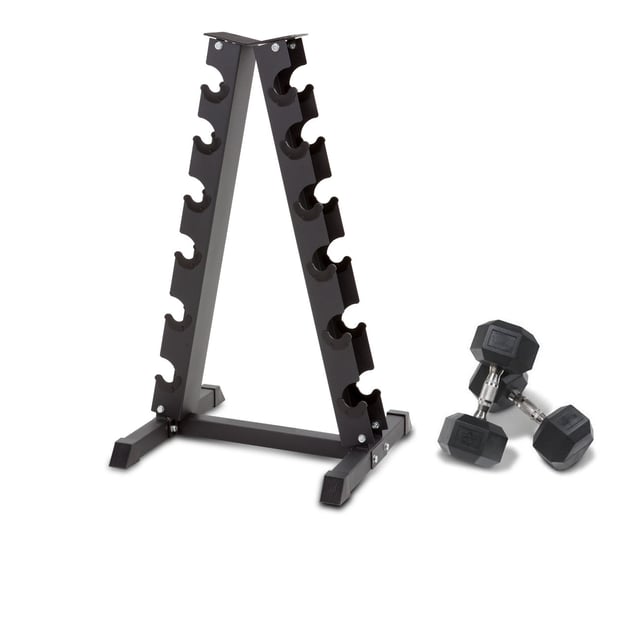 Muscle Motion 6 Pairs Rubber Hex Dumbbells (2.5kg To 15kg) With Rack