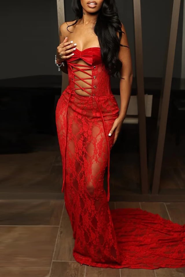 Red Sheer Lace Corset Maxi Dress Sleeveless Strapless Backless Cross Straps Cut-Out Bodycon Party Evening Gown