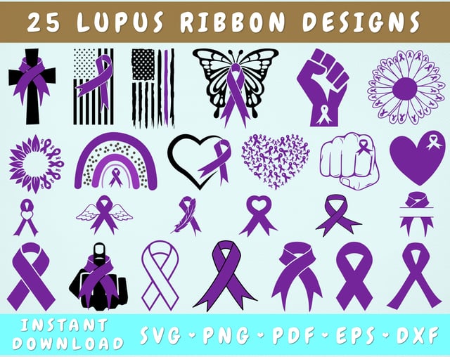 Lupus Awareness SVG Bundle, 25 Designs, Lupus Ribbon SVG, Lupus Clipart, Purple Ribbon SVG, Lupus PNG Files