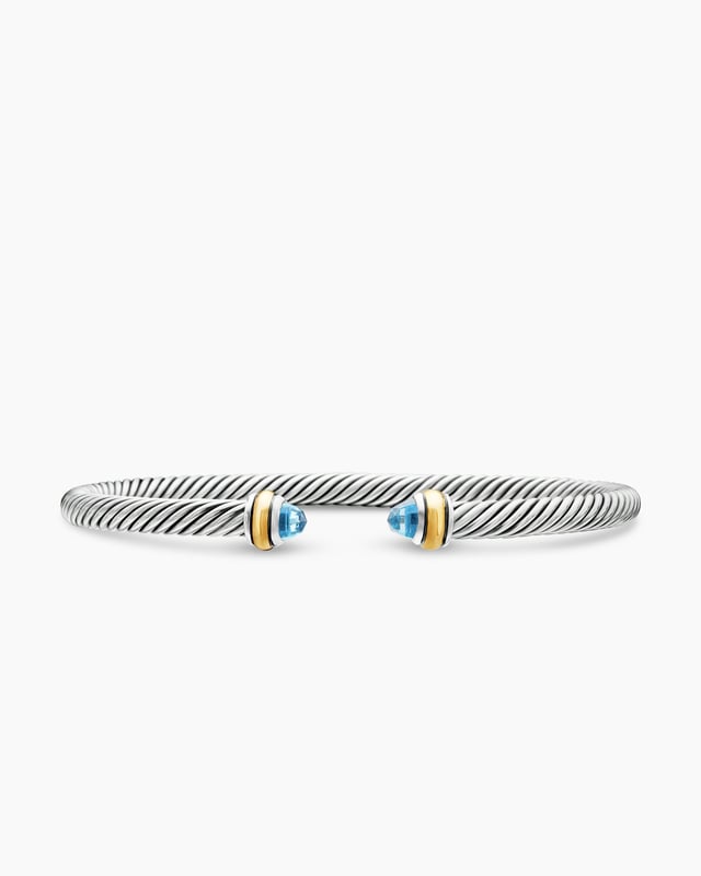 Classic Cable Bracelet in Sterling Silver with 18K Yellow Gold and Blue Topaz, 4mm