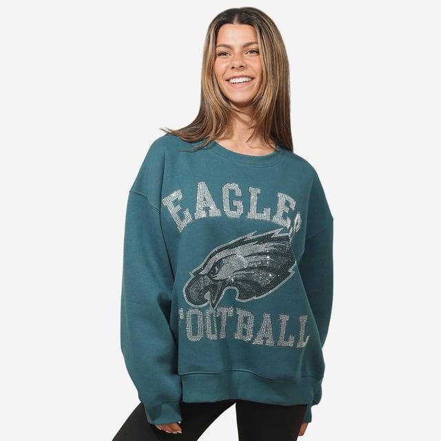 Philadelphia Eagles Womens Rhinestone Logo Oversized Crew Neck Sweatshirt