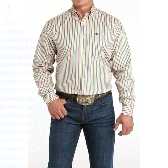 Cinch Men's Tencel Cream Stripe Print Long Sleeve Shirt