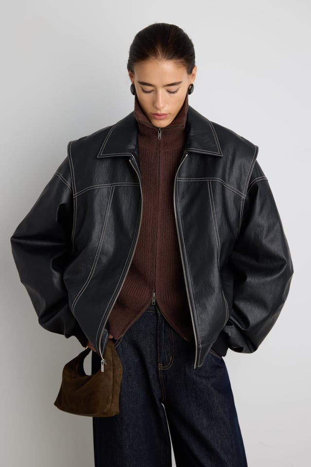 LAYERED DETAIL CONTRAST STITCH VEGAN LEATHER BOMBER