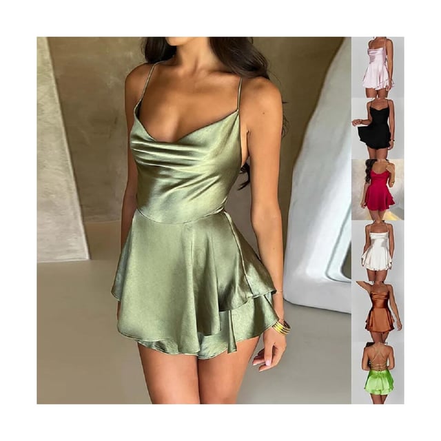 Free Shipping-Sexy Suspender Skirt For Women Elegant Slim Strap Satin Backless Lace Up A-Line Short Dress Lady
