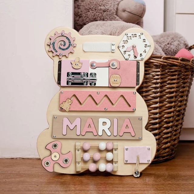 Personalized Bear Busy Board - Wooden Montessori Toys | KindlyToys BB04