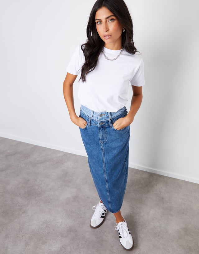 Women's Mid Wash Contrast Double Waistband Denim Midi Skirt