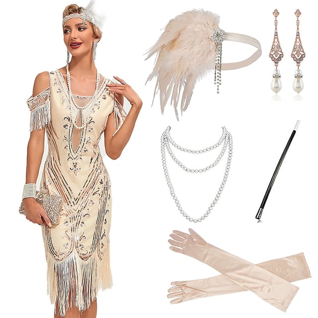 Set with Flapper Dress Feather Headband Faux Pearl Necklace Long Opera Gloves Cigarette Holder Earings Women's Roaring 20s 1920s Outfits Cocktail Dres