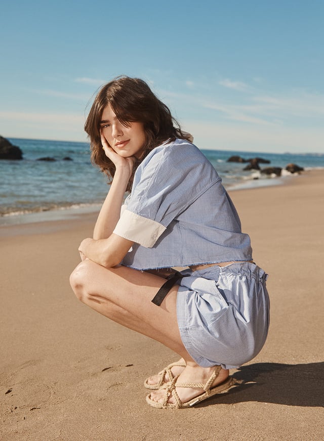 Pinstripe Paperbag Short in Sport Blue