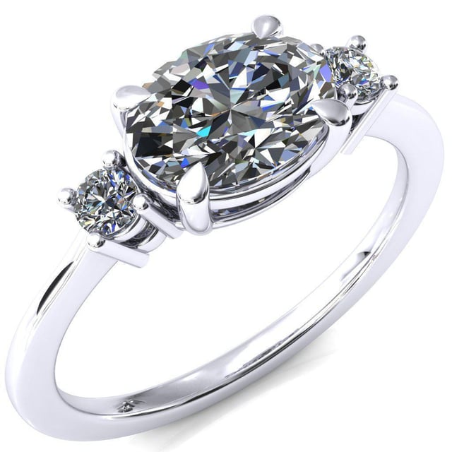 Poppy Oval Center Stone East-West 4 Claw Prong 2 Rail Basket Round Sidestones Inverted Cathedral Engagement Ring