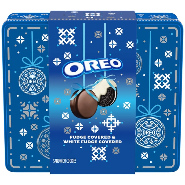 Fudge and White Fudge Covered Chocolate Sandwich Cookies, Holiday Cookies, 1.02 lb Tin