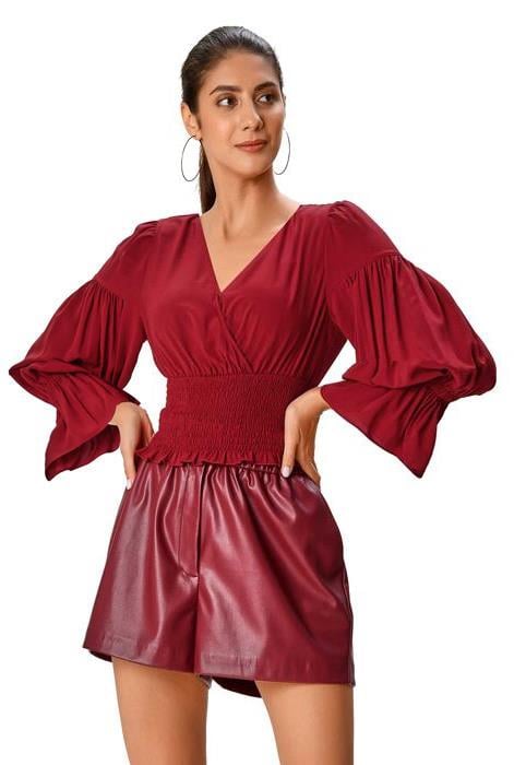 Smocked waist crepe surplice blouse