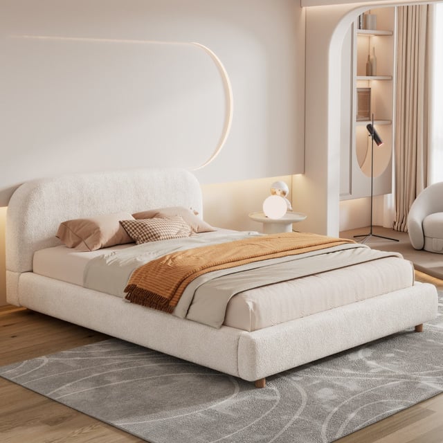 Christopher Knight Home® Queen Size Platform Bed with Boucle Fabric Upholstery, Curve-Shaped Headboard, White, Easy Assembly