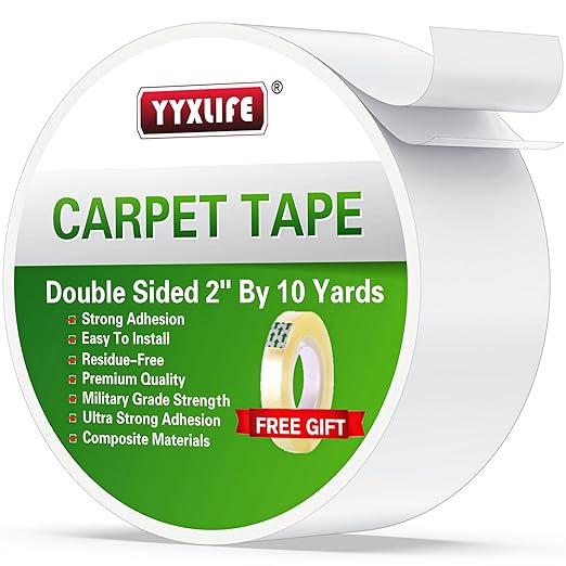 YYXLIFE Double Sided Removable Rug Tape - Carpet Adhesive for Hardwood Floors, 2 Inch x 10 Yards, White