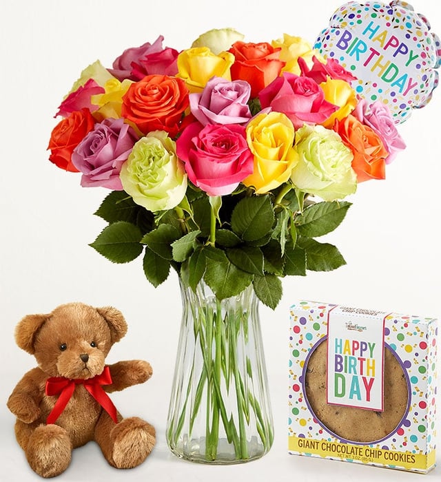 Happy Birthday Assorted Roses, 12-24 Stems