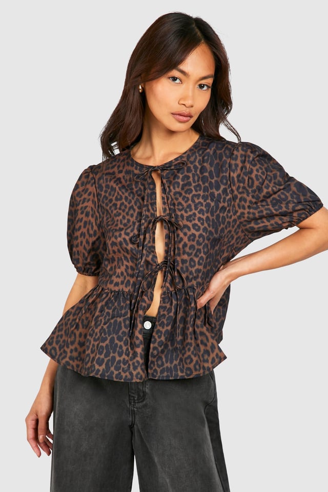 Leopard Puff Sleeve Bow Tie Top