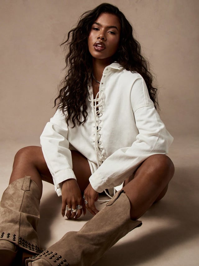 MISSGUIDED White Oversized Corset Front Lace Up Button Down Distressed Denim Top