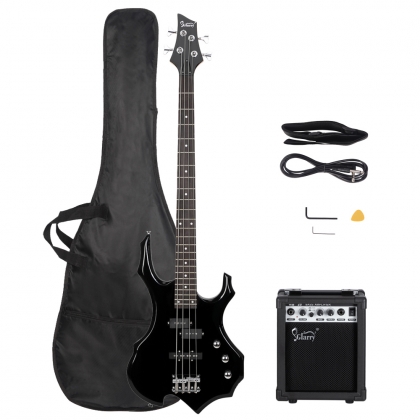 Glarry Burning Fire Electric Bass Guitar Full Size 4 String w/20W Amplifier Black Burlywood Sunset
