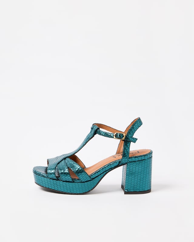 Esska Charlie Teal Blue Metallic Leather Heeled Sandals