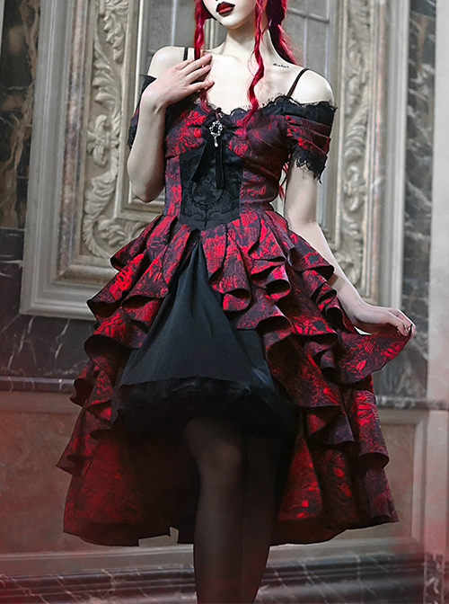 Hades Banquet Series Reddish Black Jacquard Lace Layered Pleated Hem Gothic Off-The-Shoulder Design Brooch Decoration Dress