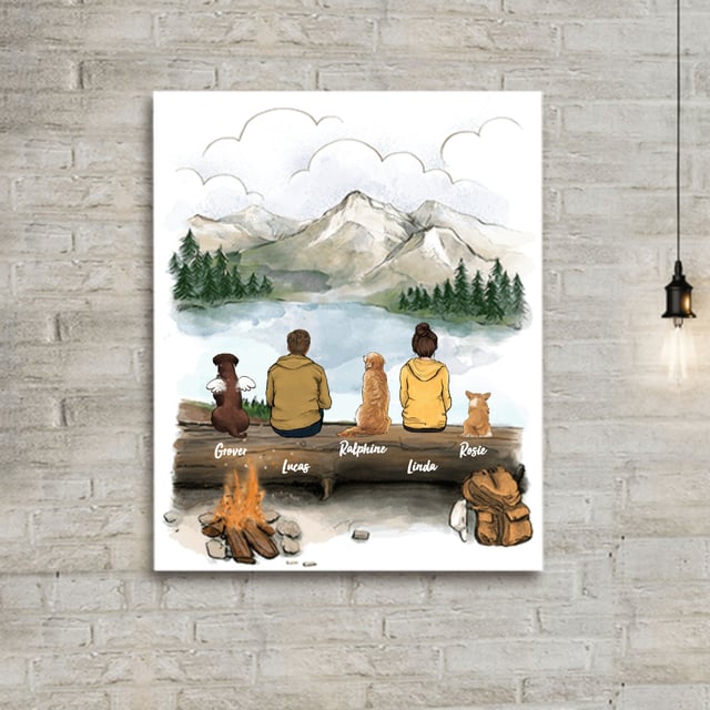 Dog Family Portrait - Custom Dog Canvas Print Wall Art - Gifts For Dog Lovers - DOG & COUPLE - Hiking Mountain Canvas Prints