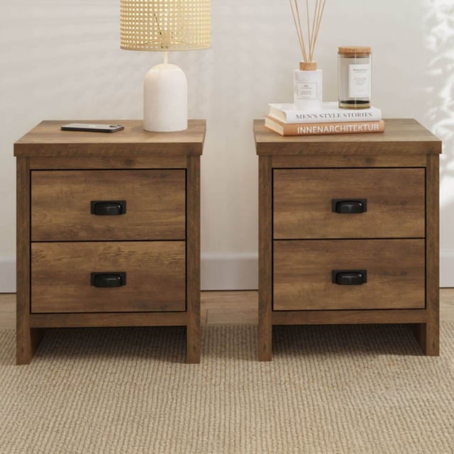 GFW Boston 2 Drawer Knotty Oak Bedside Table Set of 2 | Wilko
