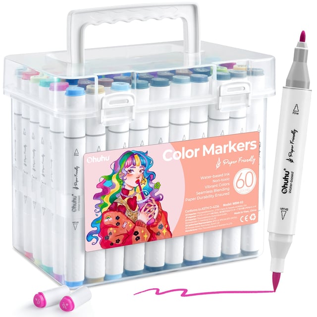 Ohuhu Paper-friendly (No Peeling) Makers Water-based 60 Colors