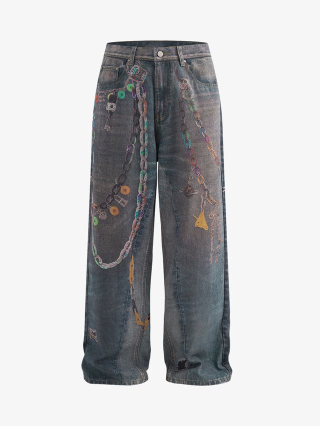 Retro High street Washed 3D Chain Printed Jeans