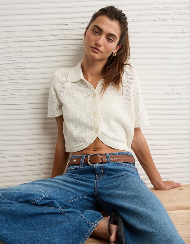 AE Short-Sleeve Collared Button-Up Cardigan