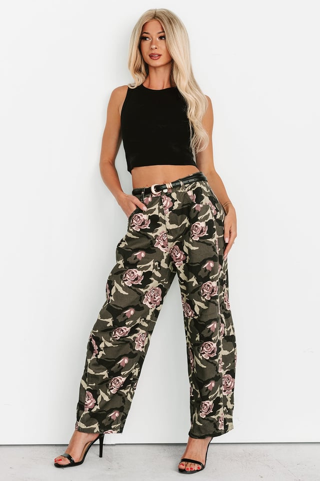 Cover Me In Roses Floral Barrel Jeans (Camo)