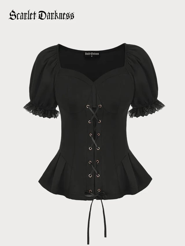 Sweetheart Neck Puff Sleeves Cross Straps Blouse