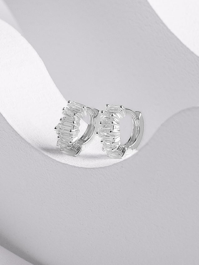 Jagged Baguette Silver 8mm Baby Huggie Earrings