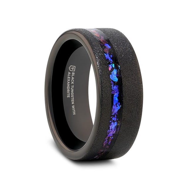 MIRAGE Sandblasted Black Tungsten Ring with Crushed Alexandrite and Dark Blue/Purple Crushed Goldstone – 8mm